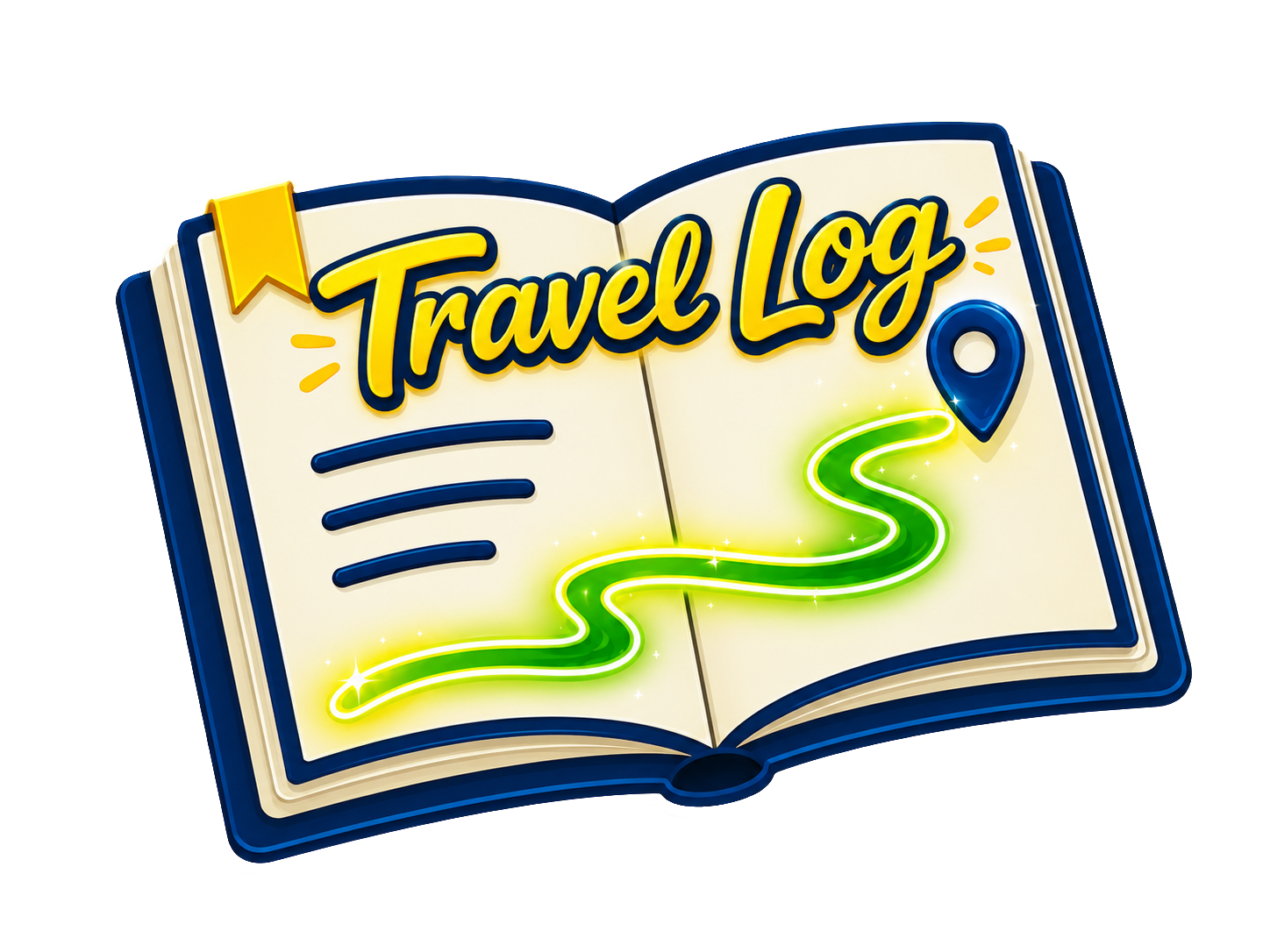 Travel Log — illustrated open book with a route winding to a destination pin